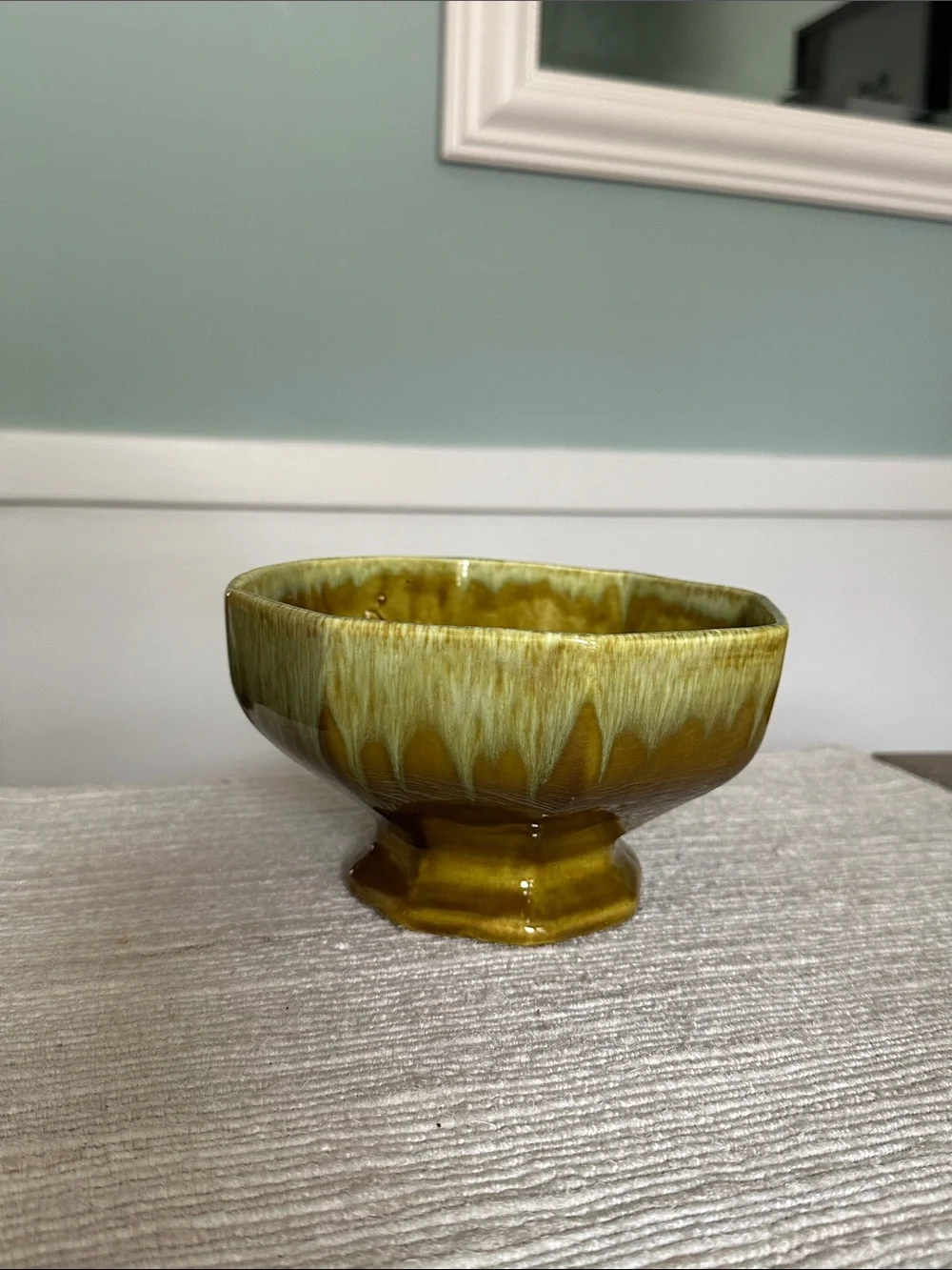 Vintage Olive Green Drip-Glazed Pedestal Vase